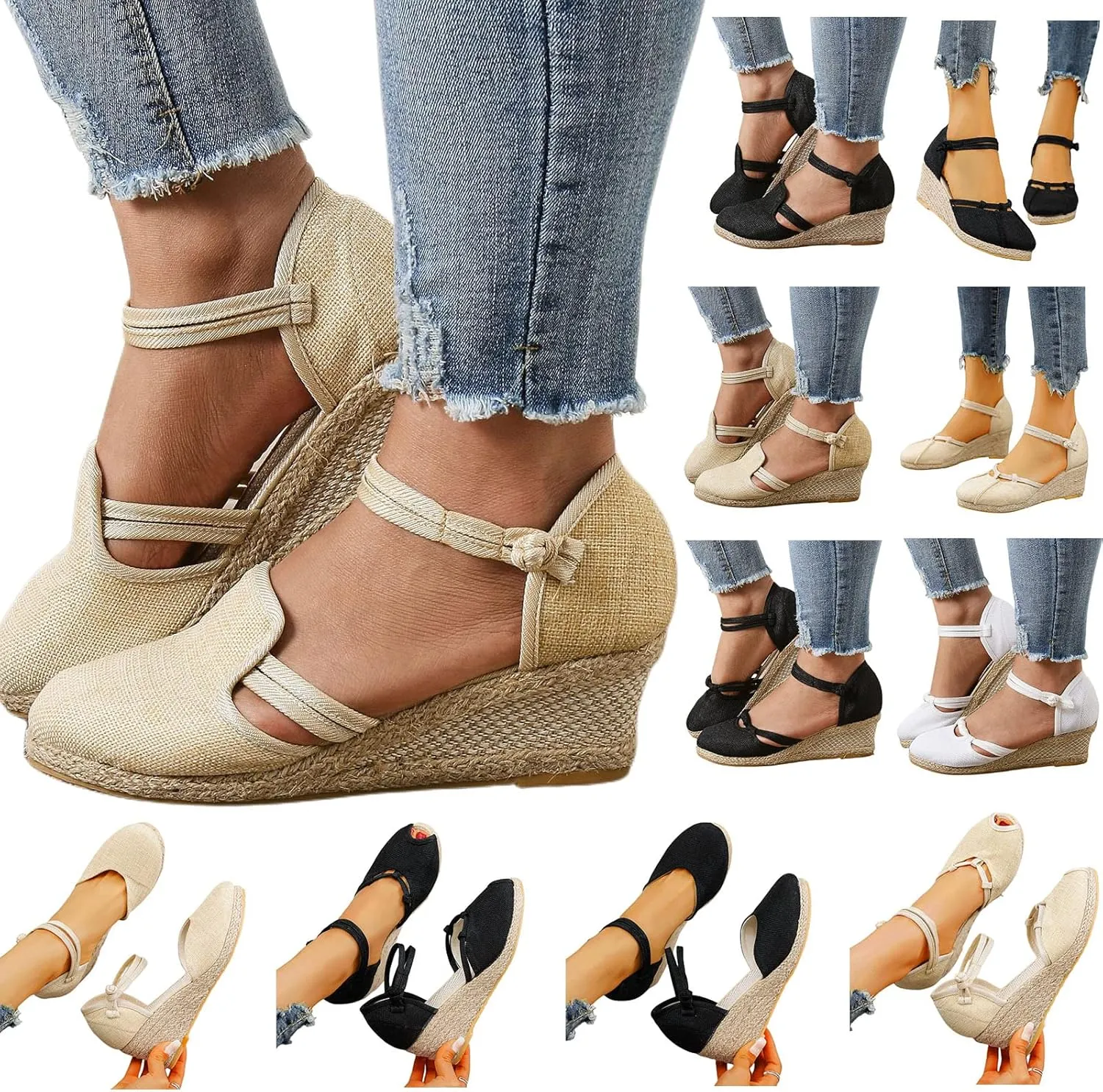 Womens Wedge Platform Espadrilles Slingback Closed Toe Ankle Strap Flats Low Heel Wedges Sandals, Summer Casual Dressy Espadrille Shoes Comfortable Breathable Wedding Sandals