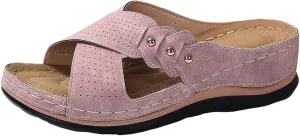Womens Wedge Sandals Comfortable Leather Dressy Orthopedic Sandals for Women Summer Arch Support Slip-On Slippers Rubber Sole, Walking, Casual Slip on Summer Shoes