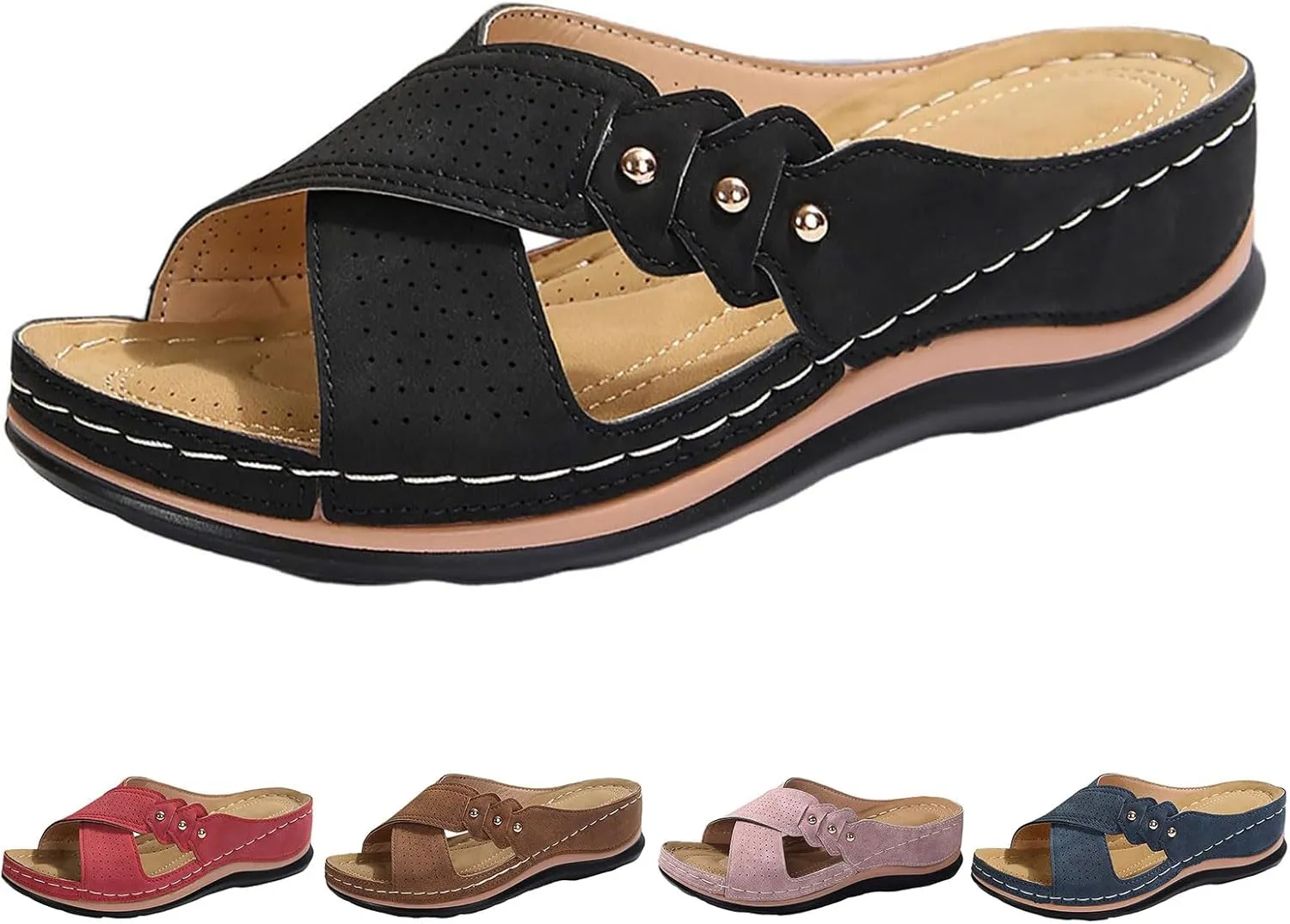 Womens Wedge Sandals Leather Dressy Breathablet Cross Strap Slide Sandals Beach Summer Casual Non-Slip Slippers Shoes Open Toe Platform Wedge Shoes