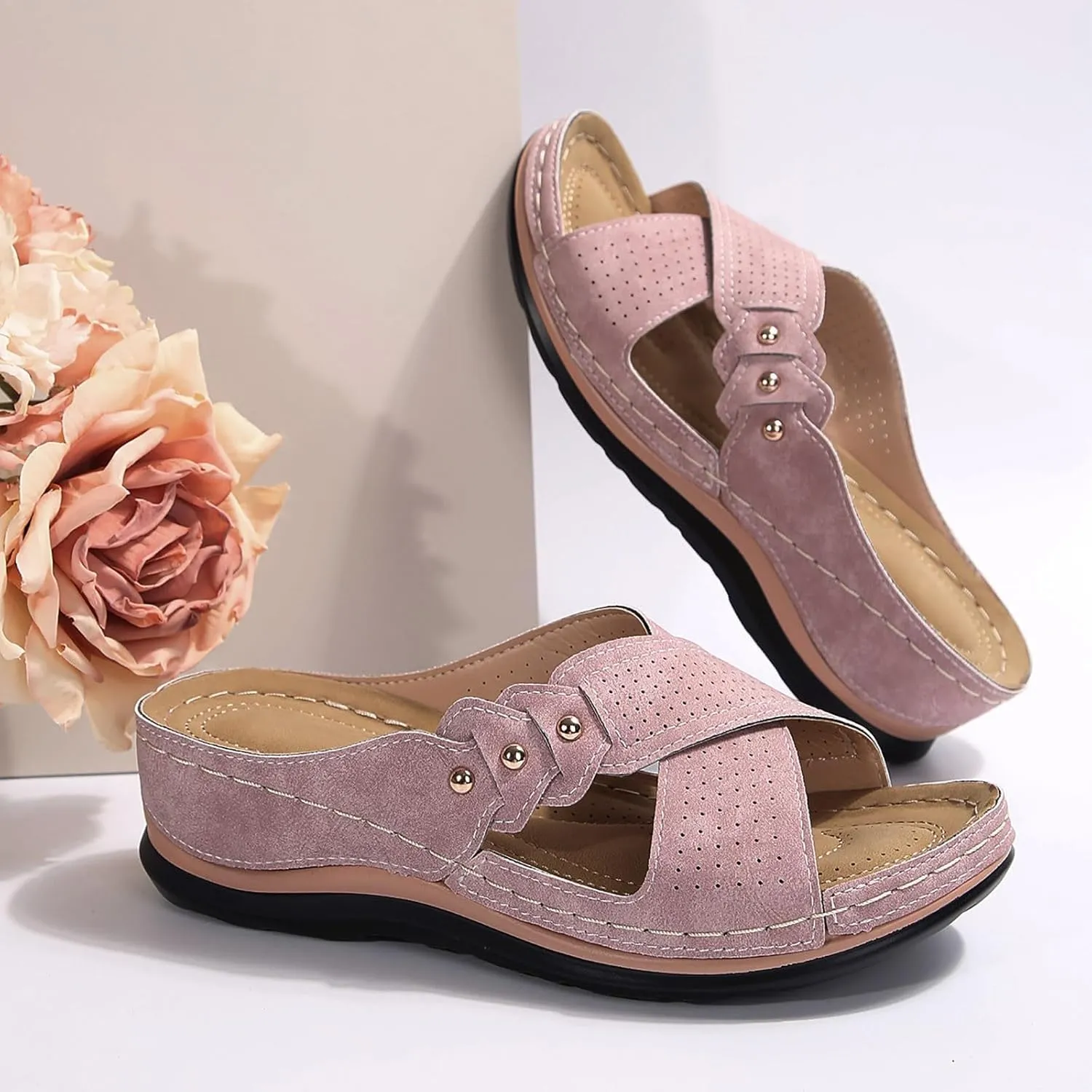 Womens Wedge Sandals Leather Dressy Breathablet Cross Strap Slide Sandals Beach Summer Casual Non-Slip Slippers Shoes Open Toe Platform Wedge Shoes