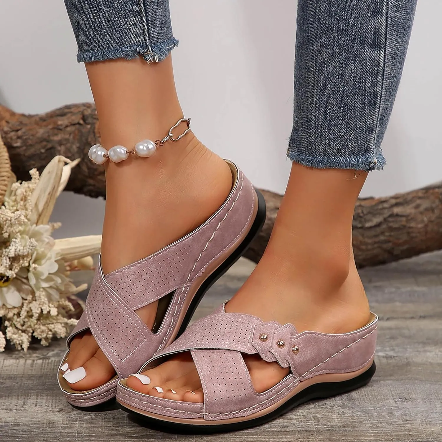 Womens Wedge Sandals Leather Dressy Breathablet Cross Strap Slide Sandals Beach Summer Casual Non-Slip Slippers Shoes Open Toe Platform Wedge Shoes