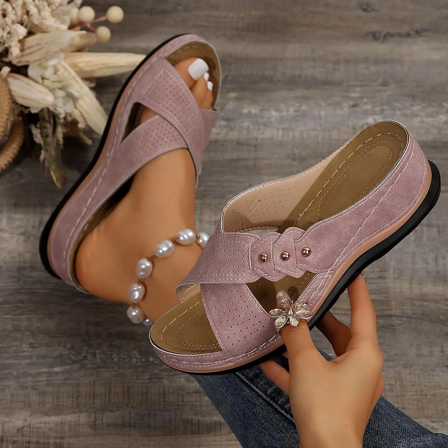 Womens Wedge Sandals Leather Dressy Breathablet Cross Strap Slide Sandals Beach Summer Casual Non-Slip Slippers Shoes Open Toe Platform Wedge Shoes
