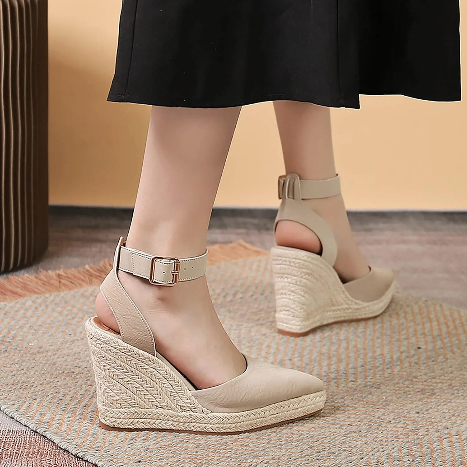 Womens Wedge Sandals Leather Dressy Sandal Women's New Slope Heel Thick Bottom High Heel Pointed Straw Woven Rope