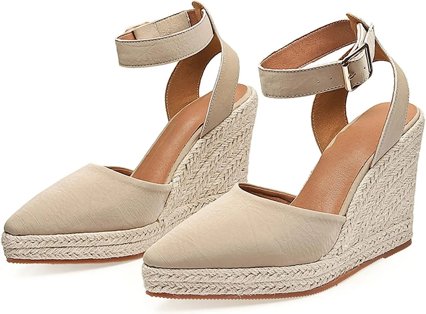Womens Wedge Sandals Leather Dressy Sandal Women's New Slope Heel Thick Bottom High Heel Pointed Straw Woven Rope