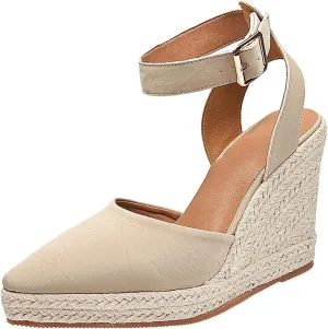 Womens Wedge Sandals Leather Dressy Sandal Women's New Slope Heel Thick Bottom High Heel Pointed Straw Woven Rope