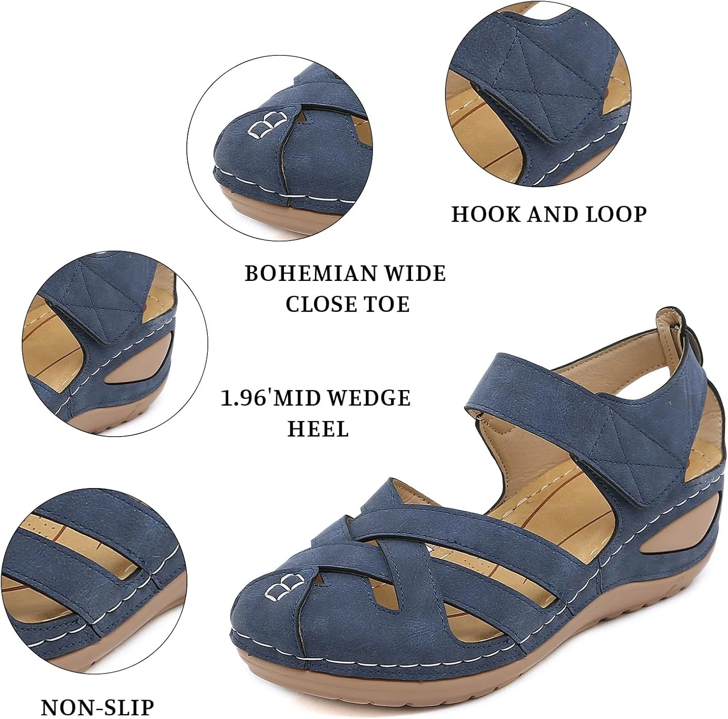Women's Wedge Sandals Summer Comfortable Gladiator Sandals for Women Closed Toe Hollow Out Wedges Soft Cushion Hook and Loop Closure Walking Shoes