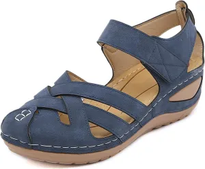 Women's Wedge Sandals Summer Comfortable Gladiator Sandals for Women Closed Toe Hollow Out Wedges Soft Cushion Hook and Loop Closure Walking Shoes