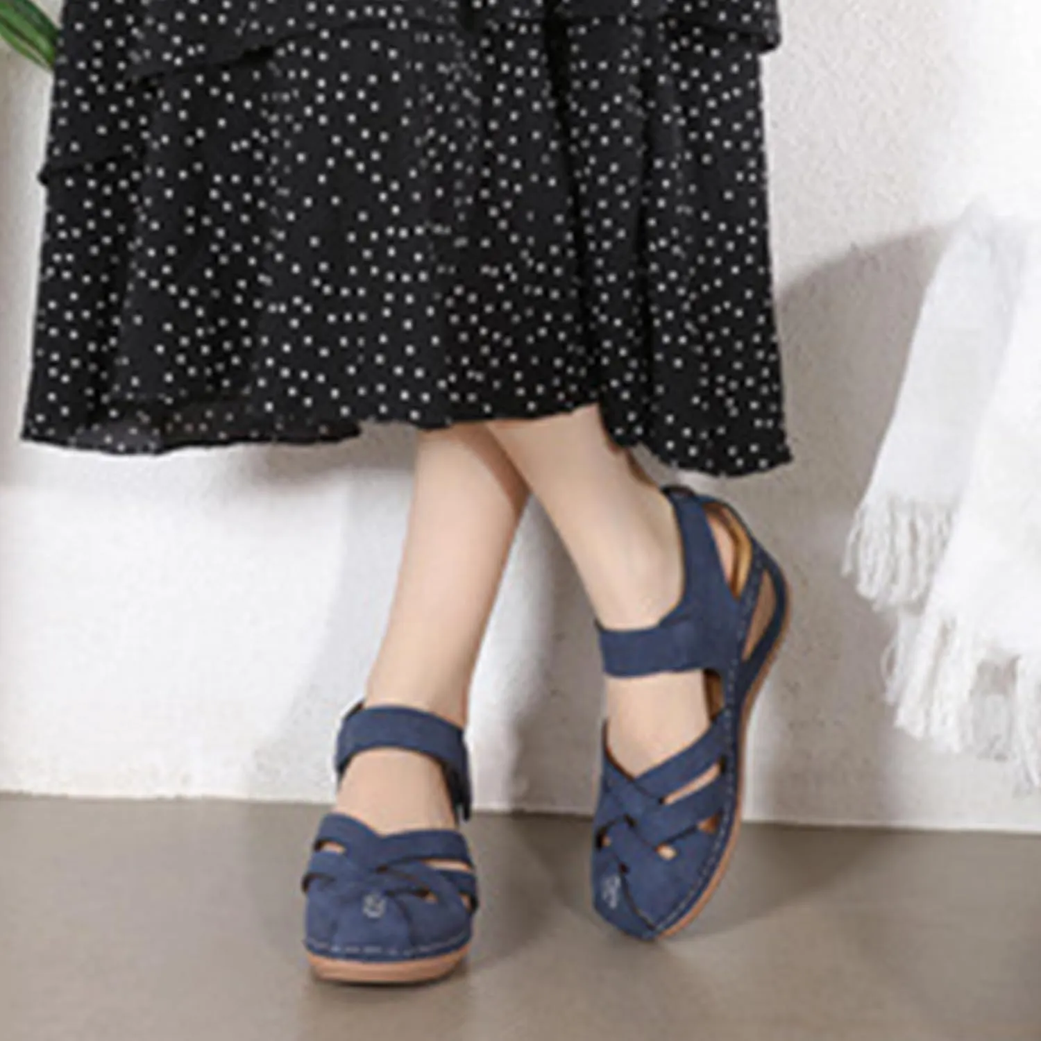 Women's Wedge Sandals Summer Comfortable Gladiator Sandals for Women Closed Toe Hollow Out Wedges Soft Cushion Hook and Loop Closure Walking Shoes