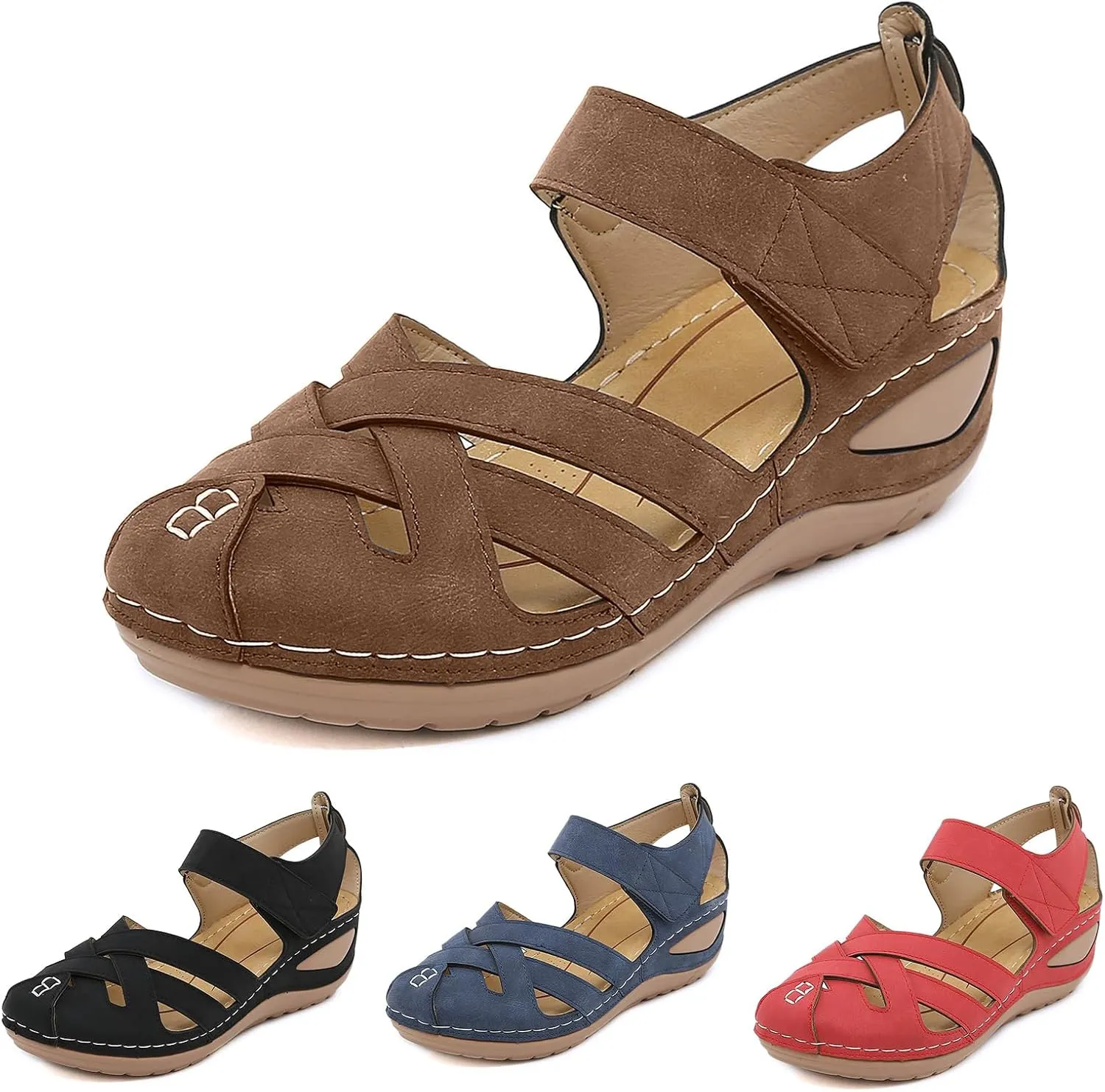Women's Wedge Sandals Summer Comfortable Gladiator Sandals for Women Closed Toe Hollow Out Wedges Soft Cushion Hook and Loop Closure Walking Shoes