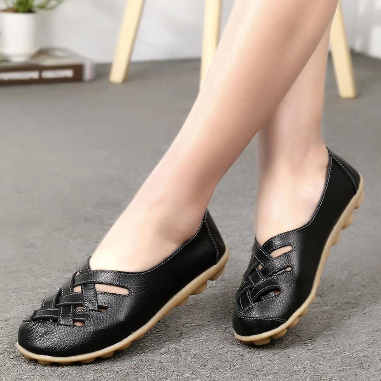 ZWRXW Loafers for Women,Women's Comfort Walking Casual Flat Loafer Slip-On Cutout Leather Loafers Comfortable Hollow Soft Flats Sandals Summer Casual Slip-On Breathable Nurse Work Shoes
