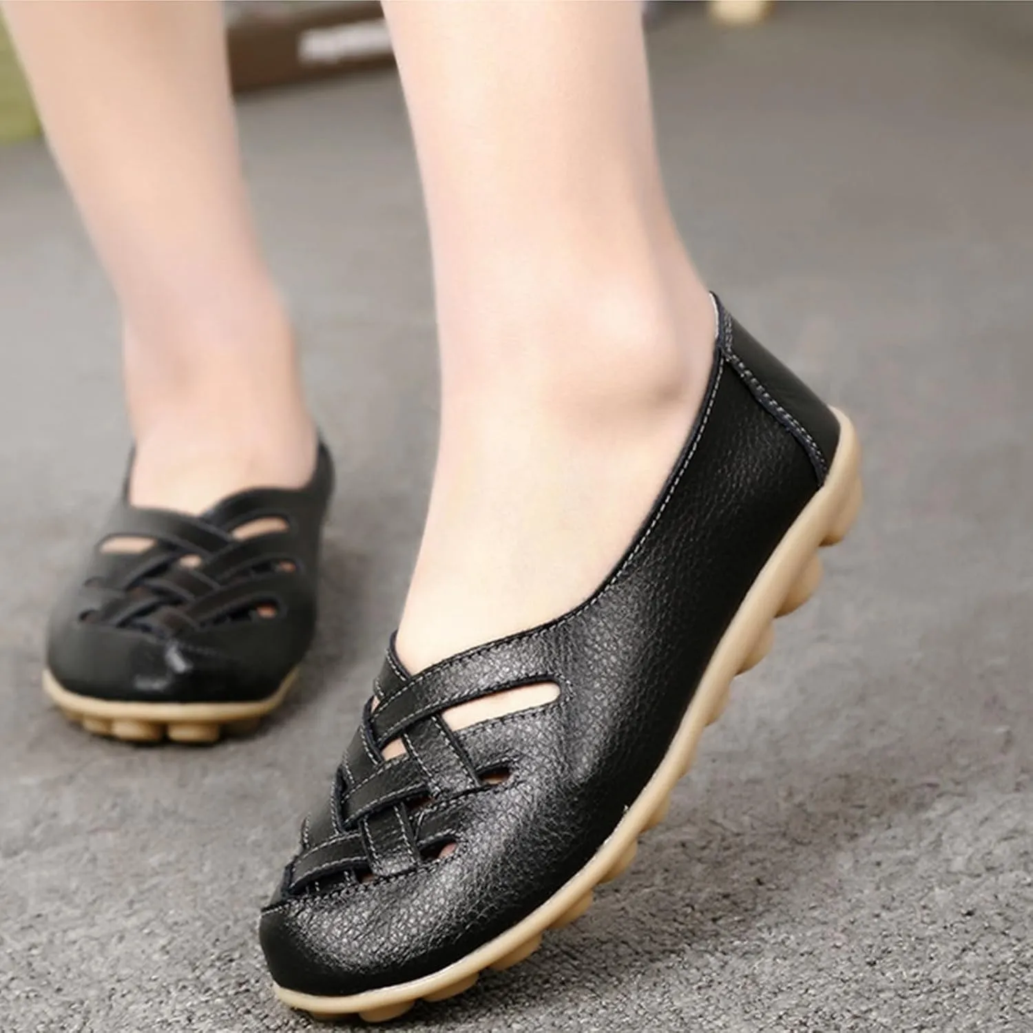 ZWRXW Loafers for Women,Women's Comfort Walking Casual Flat Loafer Slip-On Cutout Leather Loafers Comfortable Hollow Soft Flats Sandals Summer Casual Slip-On Breathable Nurse Work Shoes