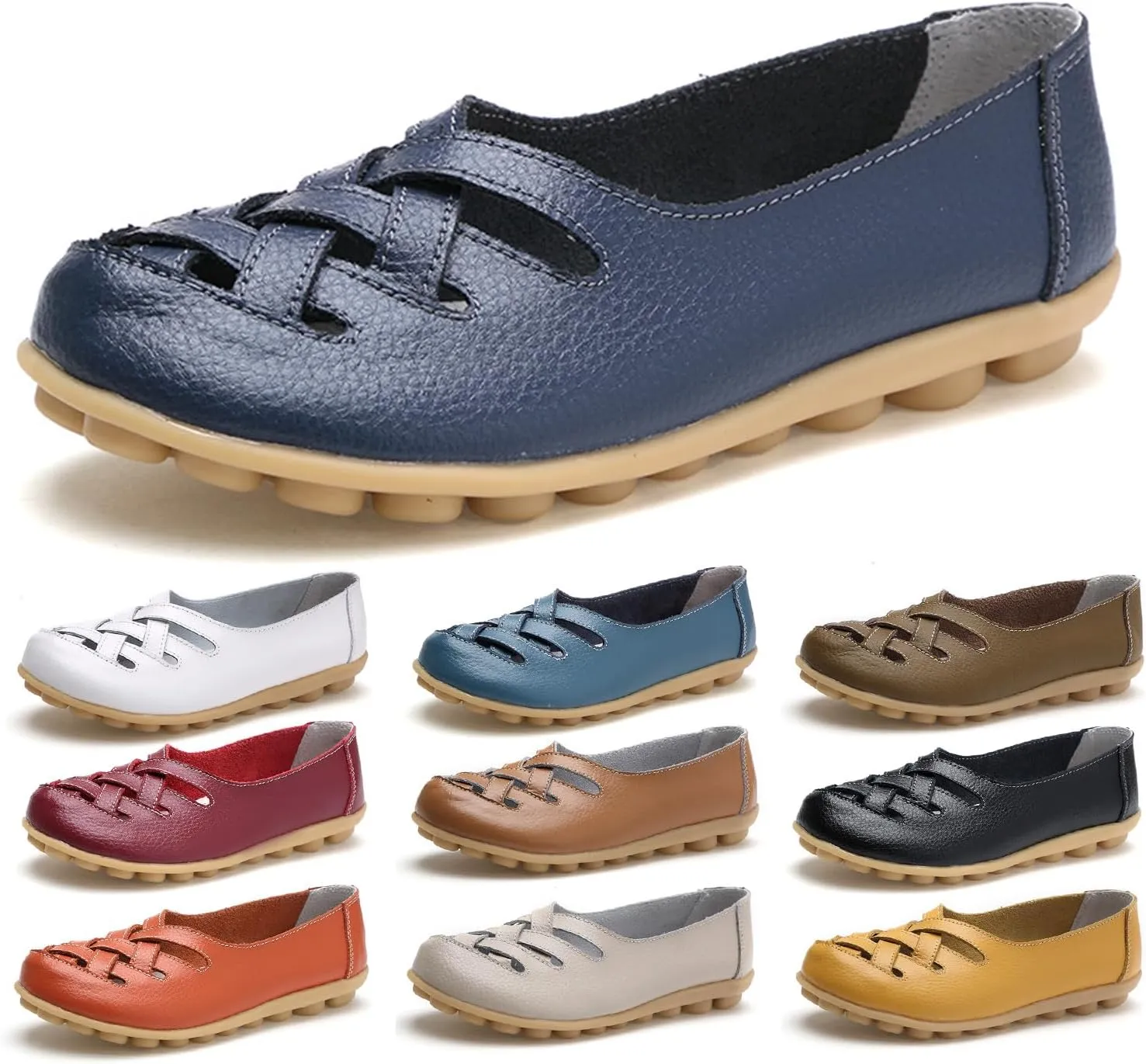 ZWRXW Loafers for Women,Women's Comfort Walking Casual Flat Loafer Slip-On Cutout Leather Loafers Comfortable Hollow Soft Flats Sandals Summer Casual Slip-On Breathable Nurse Work Shoes