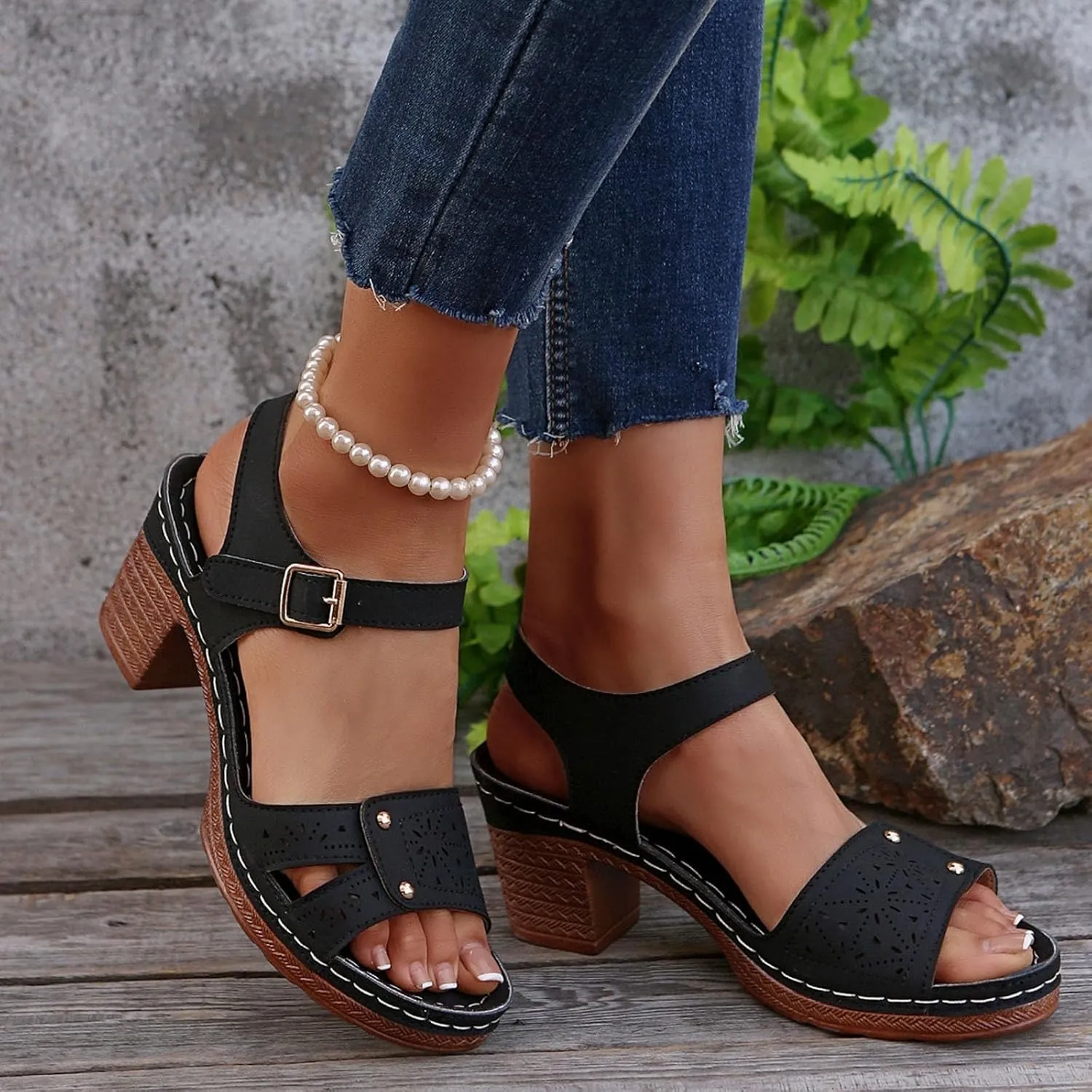 ZWRXW Open Toe Wedge Sandals for Womens Flower Buckle Ankle Strap Arch Support Orthopedic Wedge Casual Sandal Cute Fashion Dressy Bohemia Sandals Summer Comfortable Shoe