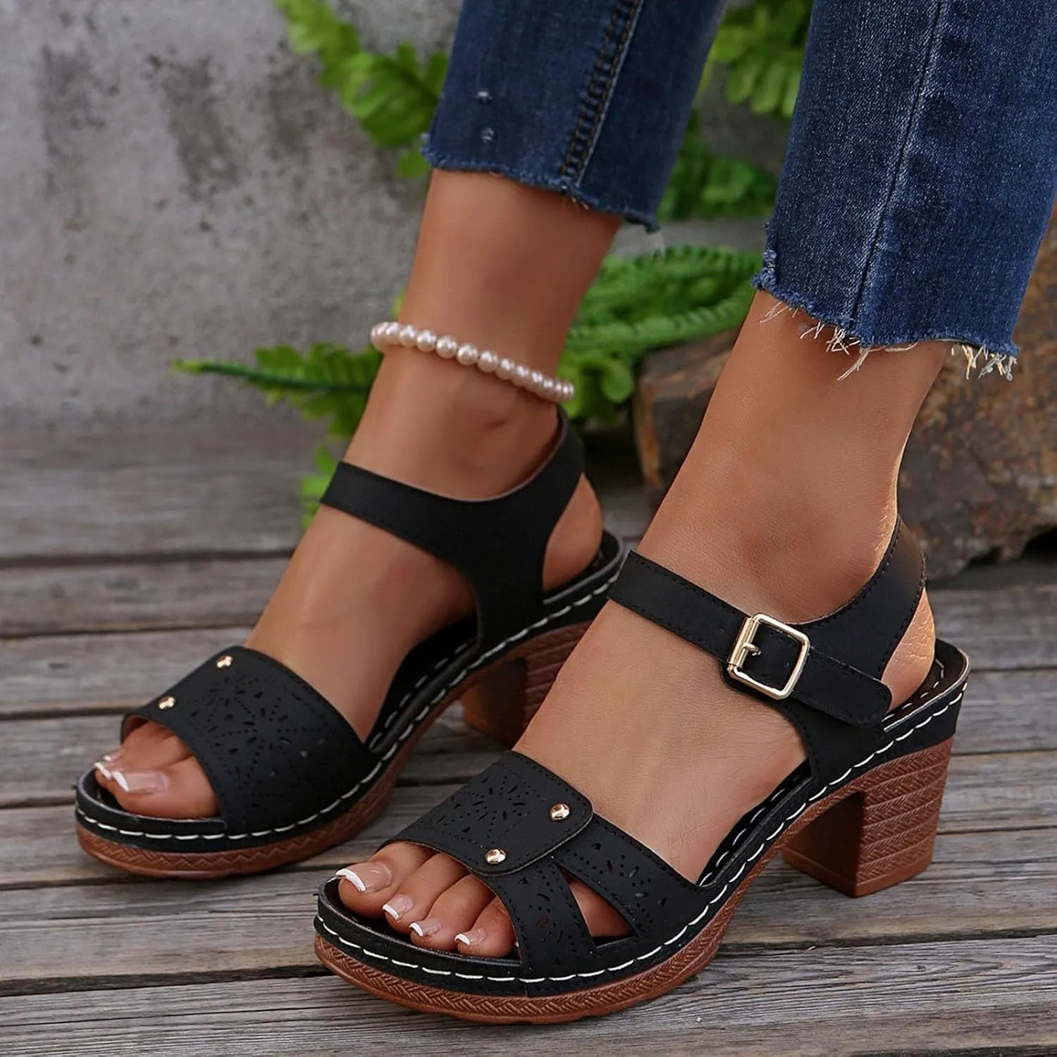 ZWRXW Open Toe Wedge Sandals for Womens Flower Buckle Ankle Strap Arch Support Orthopedic Wedge Casual Sandal Cute Fashion Dressy Bohemia Sandals Summer Comfortable Shoe