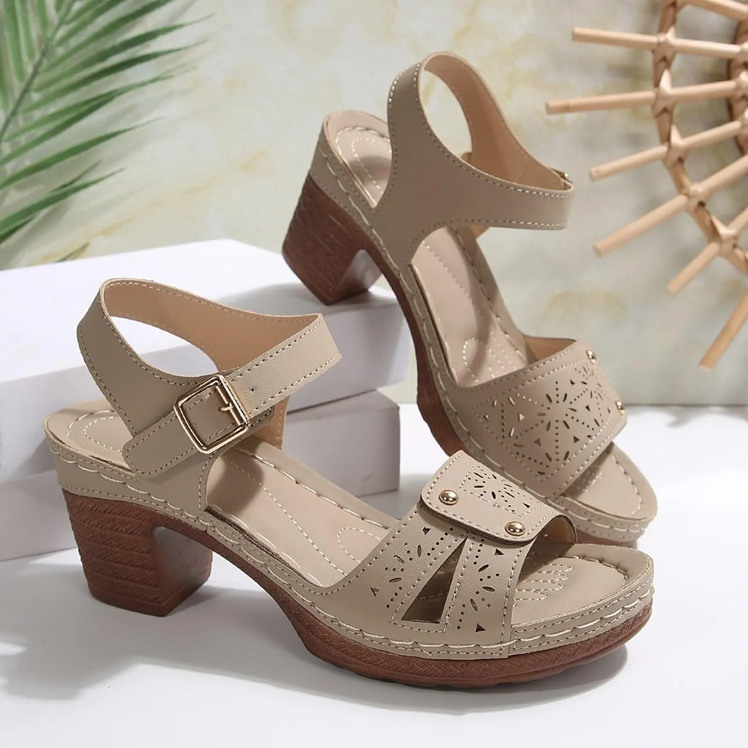 ZWRXW Open Toe Wedge Sandals for Womens Flower Buckle Ankle Strap Arch Support Orthopedic Wedge Casual Sandal Cute Fashion Dressy Bohemia Sandals Summer Comfortable Shoe