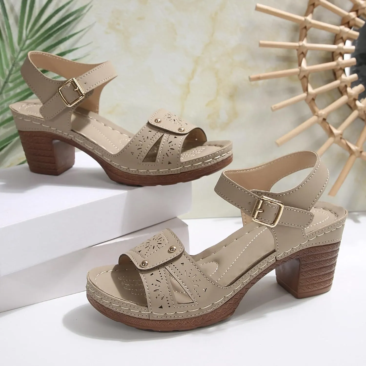 ZWRXW Open Toe Wedge Sandals for Womens Flower Buckle Ankle Strap Arch Support Orthopedic Wedge Casual Sandal Cute Fashion Dressy Bohemia Sandals Summer Comfortable Shoe