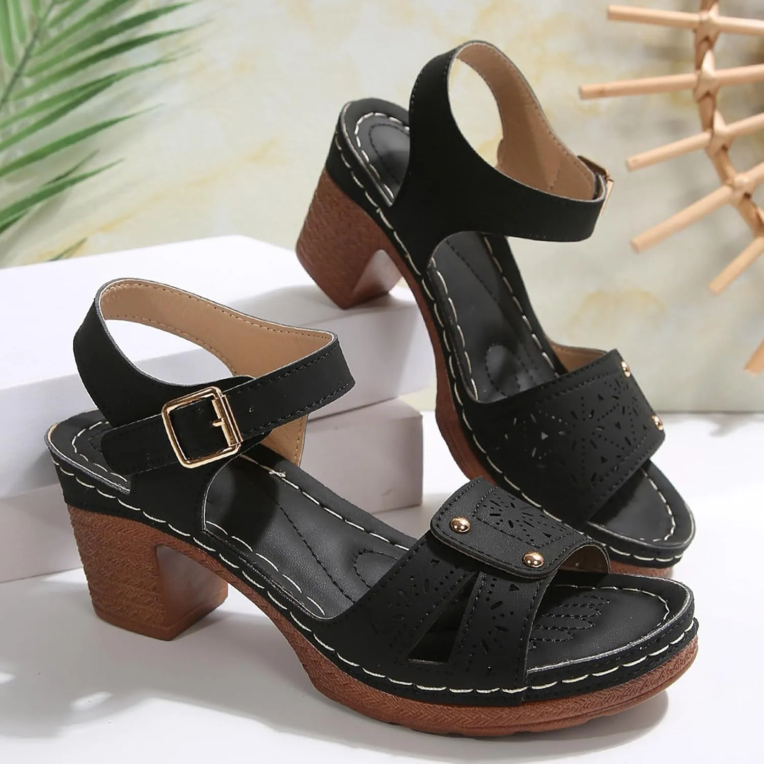 ZWRXW Open Toe Wedge Sandals for Womens Flower Buckle Ankle Strap Arch Support Orthopedic Wedge Casual Sandal Cute Fashion Dressy Bohemia Sandals Summer Comfortable Shoe